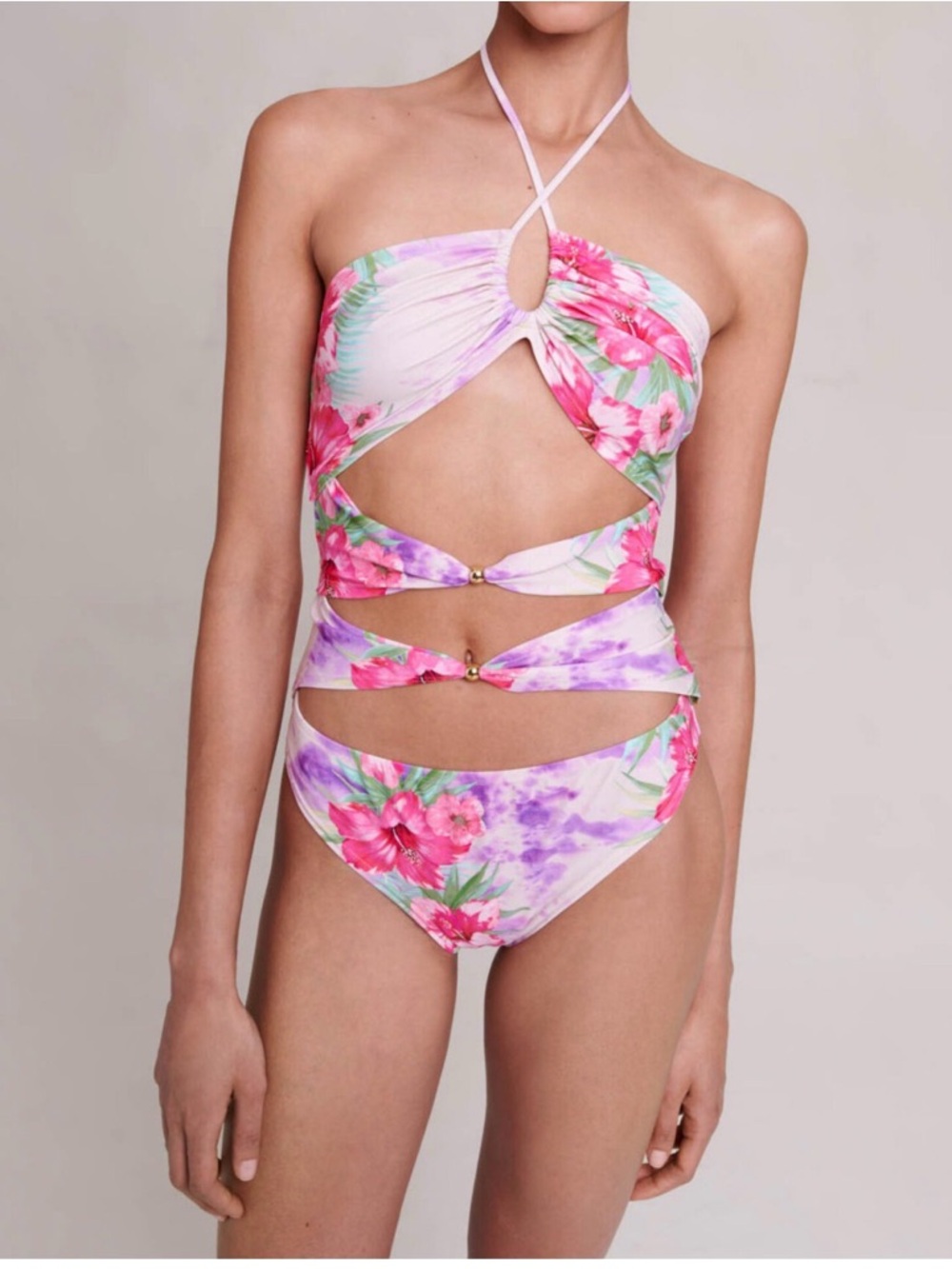 Maje Pink & Purple Floral Cutout One-Piece Swimsuit
